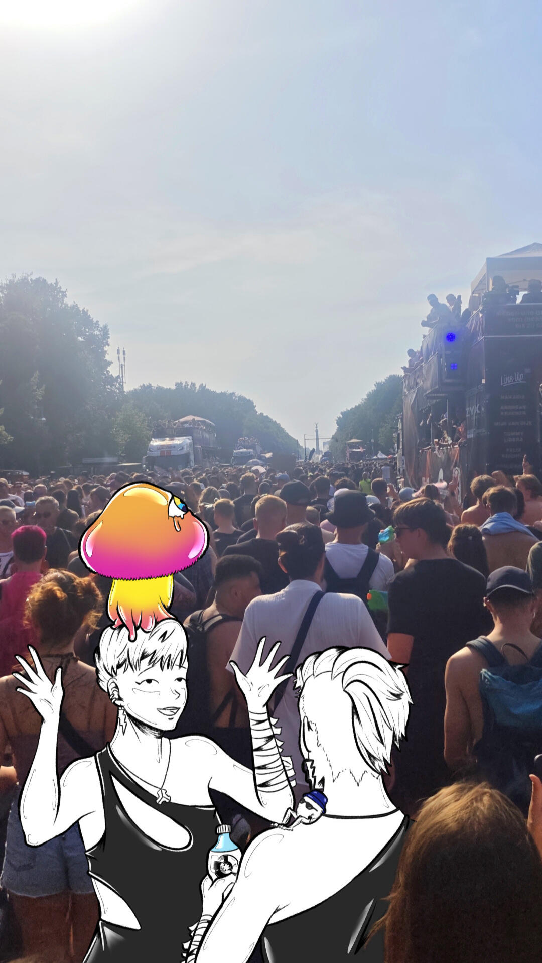 Rave the Planet 2026 – 2 VISIV characters A and B with Mushy and Tekk Egg illustrated into the crowded Rave the Planet parade in Berlin.