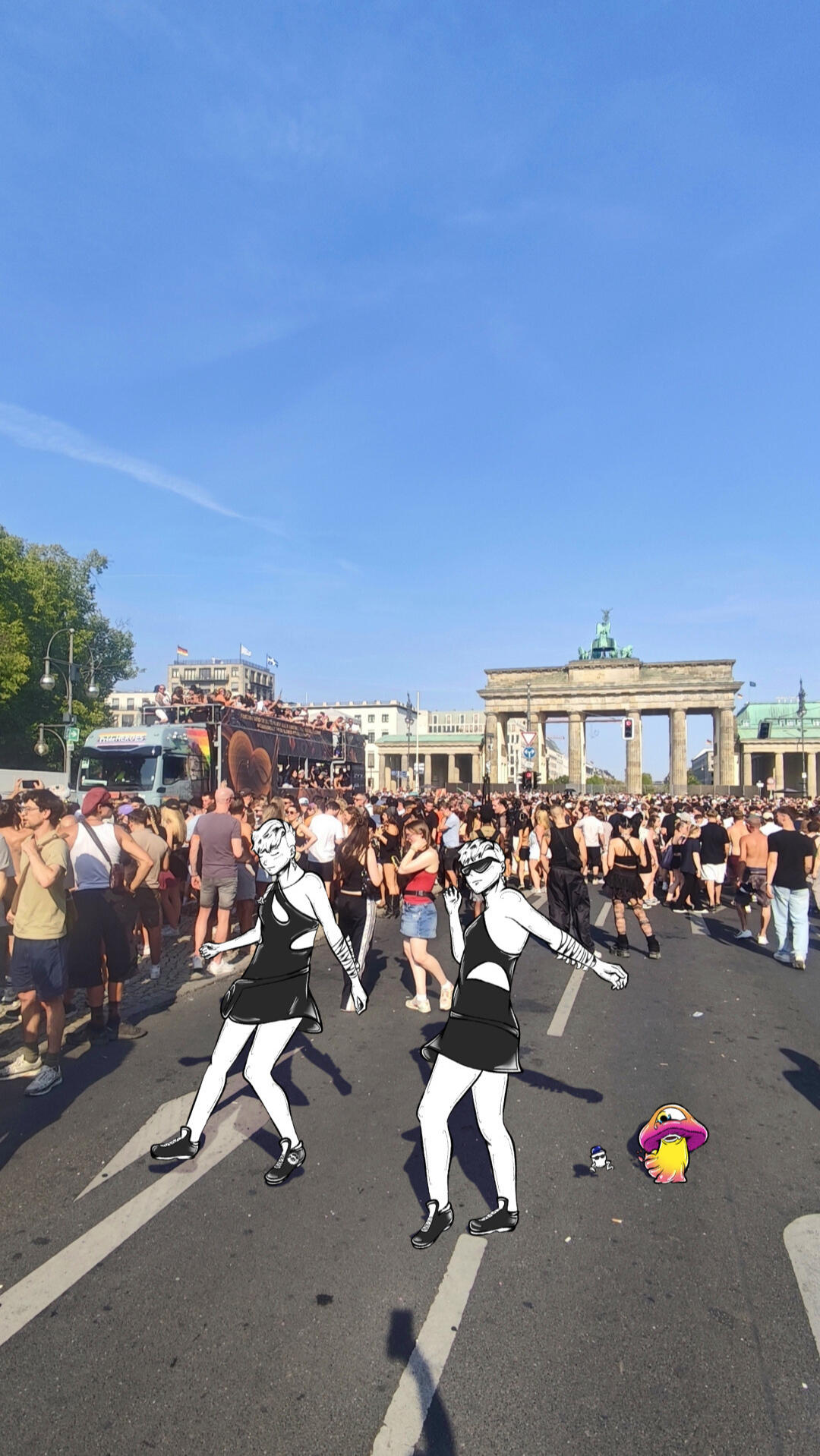 VISIV characters A, B, Mushy and Tekk Egg illustrated into the Rave the Planet crowd in front of Brandenburg Gate in Berlin.