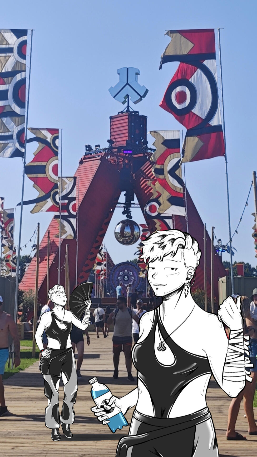 Photo from Defqon.1 2026 with VISIV characters walking through the festival area.