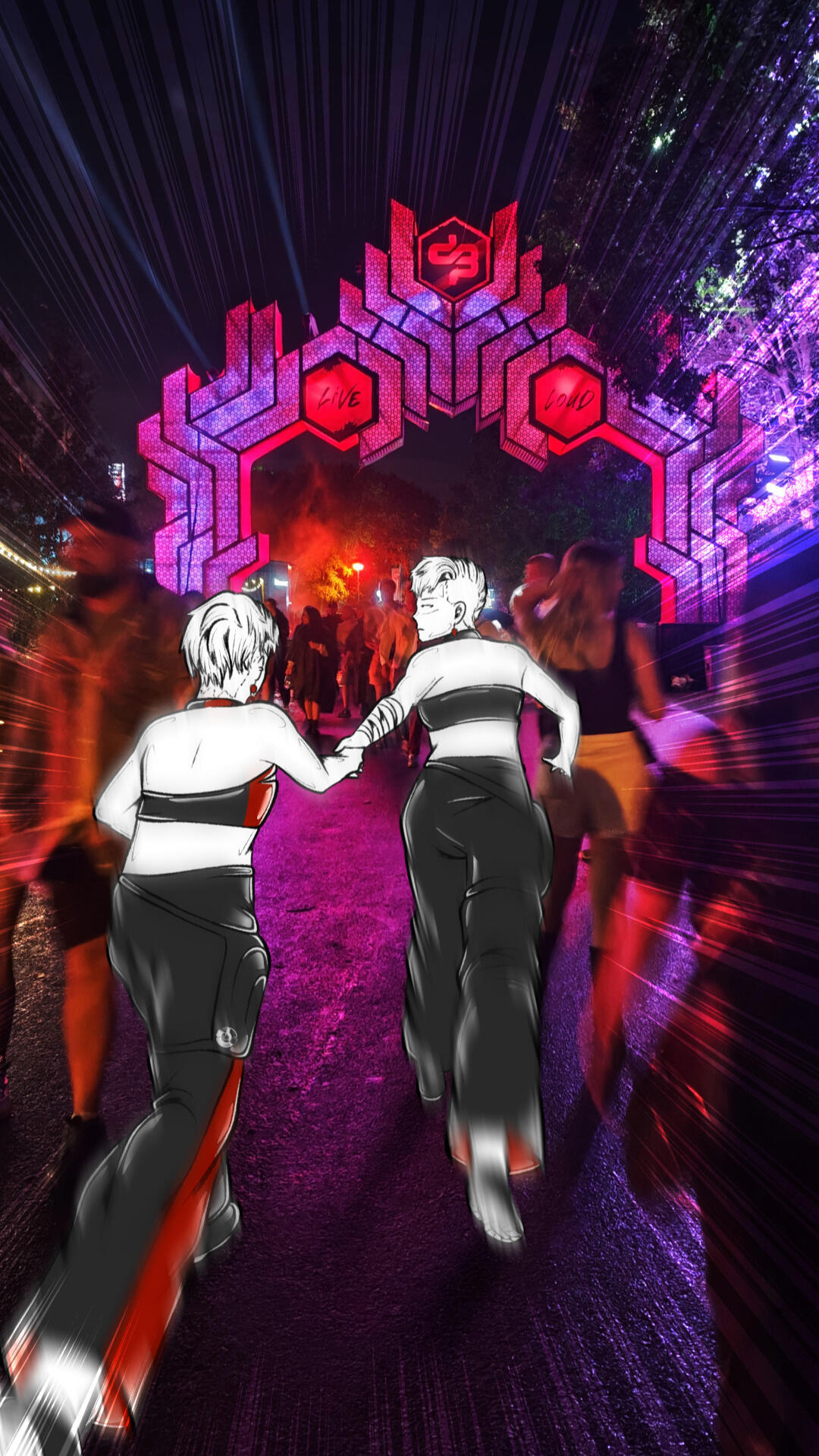 Two VISIV characters running hand in hand toward the illuminated Live Loud entrance at Decibel Outdoor 2026.