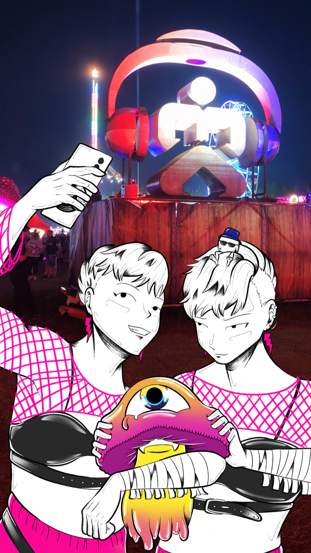 Airbeat One 2026 – 1 VISIV characters holding Mushy at a night stage scene.
