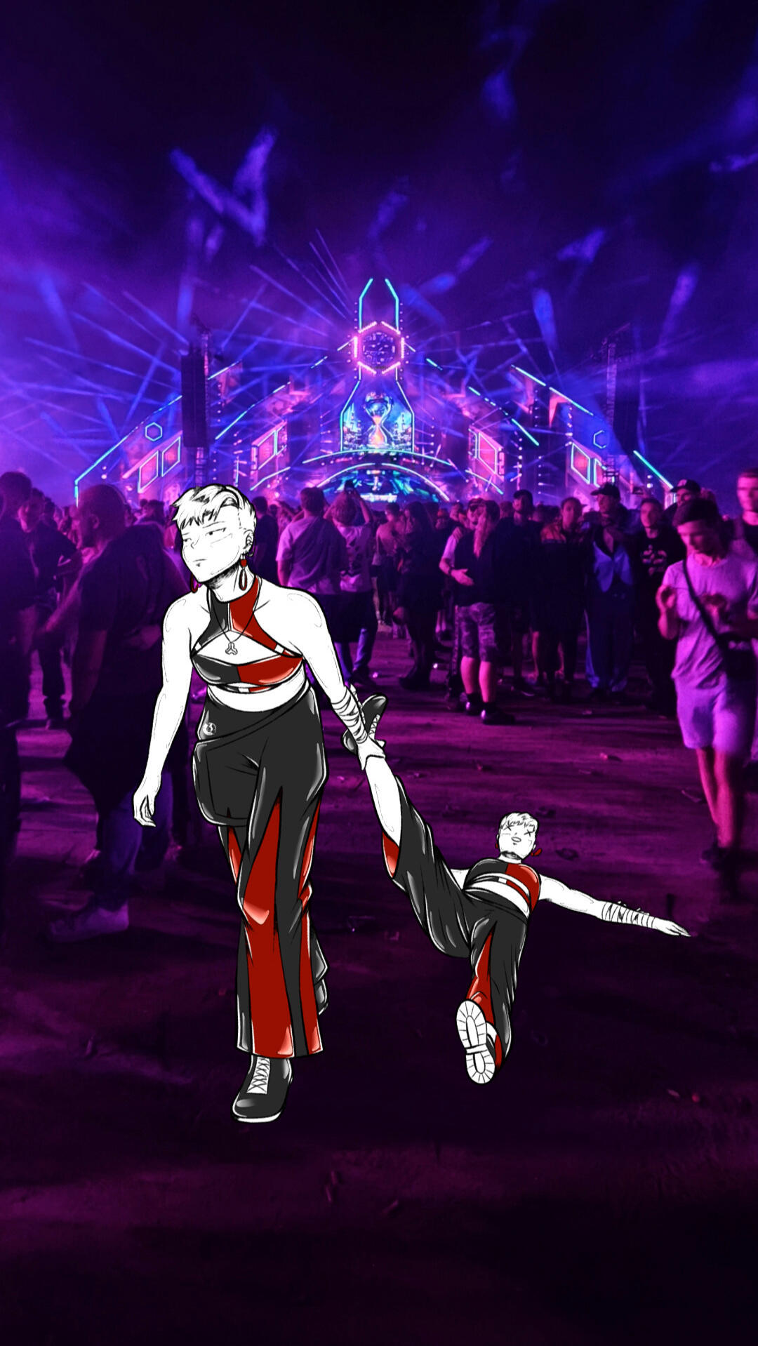 VISIV character dragging another character by the leg through the festival crowd in front of a brightly lit Decibel stage at night.