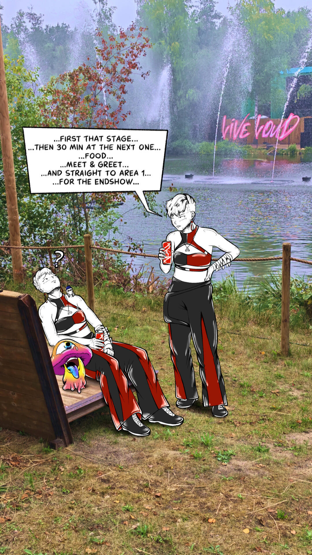 Decibel Outdoor 2026 – 3 Two tired VISIV characters taking a break beside the water while planning their packed Decibel Outdoor festival schedule, with Mushy and Tekk Egg resting nearby.