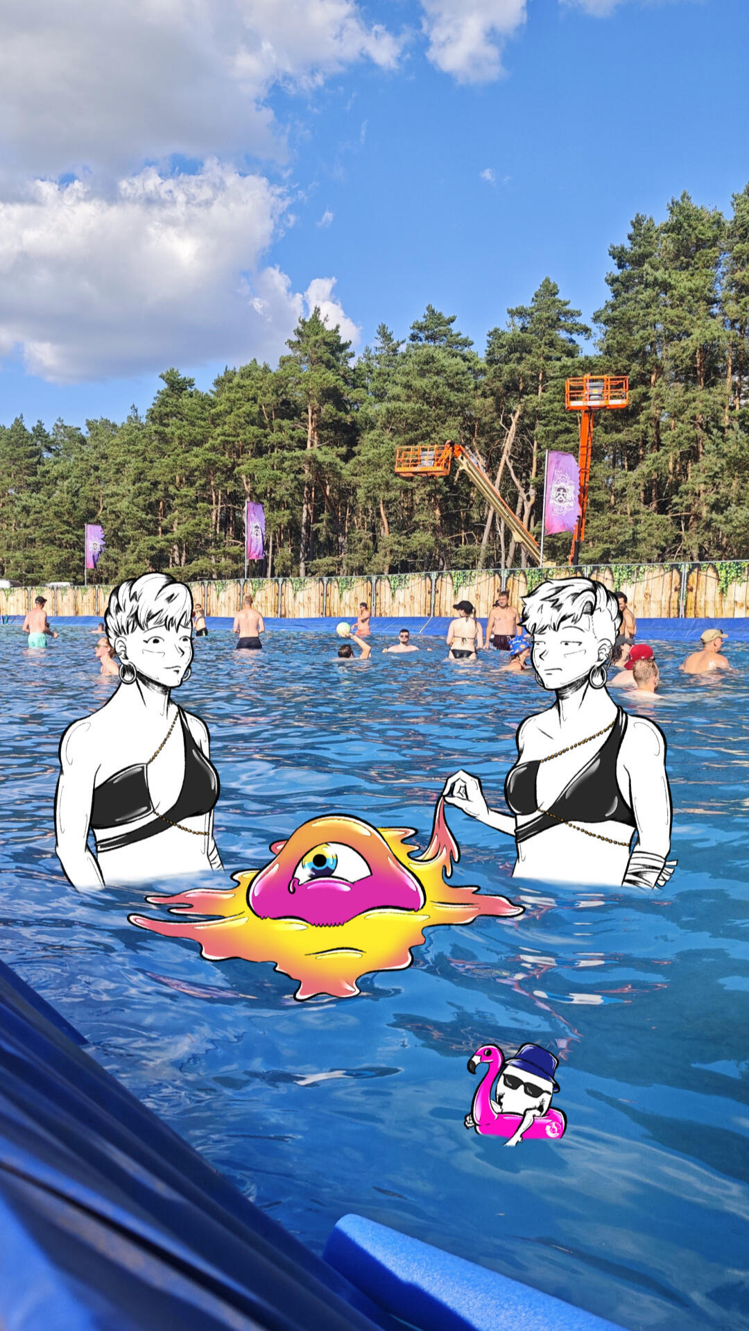 Airbeat One 2026 – 4 VISIV characters and Tekk Egg floating in the pool at Airbeat One.