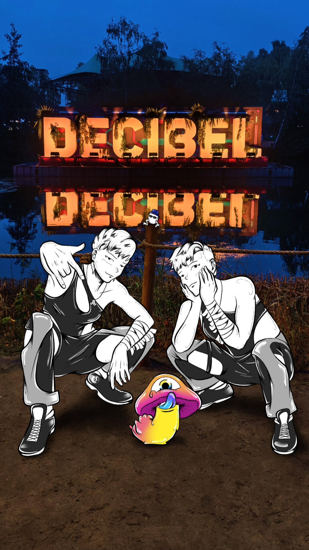 VISIV characters posing with Mushy and Tekk Egg in front of the illuminated Decibel sign at Decibel Outdoor 2026.